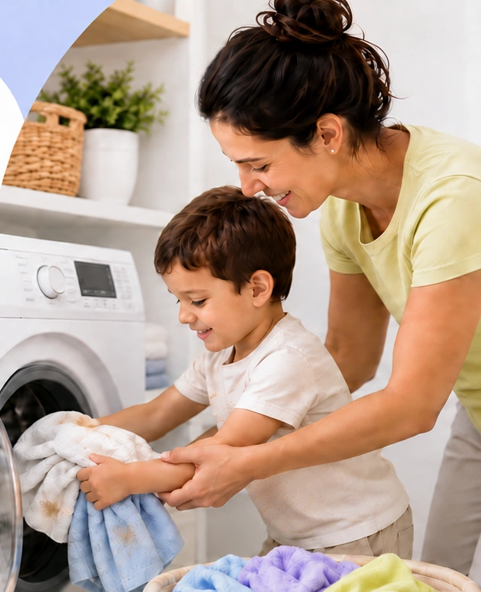 Mãe e filho colocando roupas na máquina de lavar