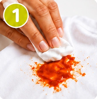 Mão retirando o excesso de uma mancha de molho em tecido branco